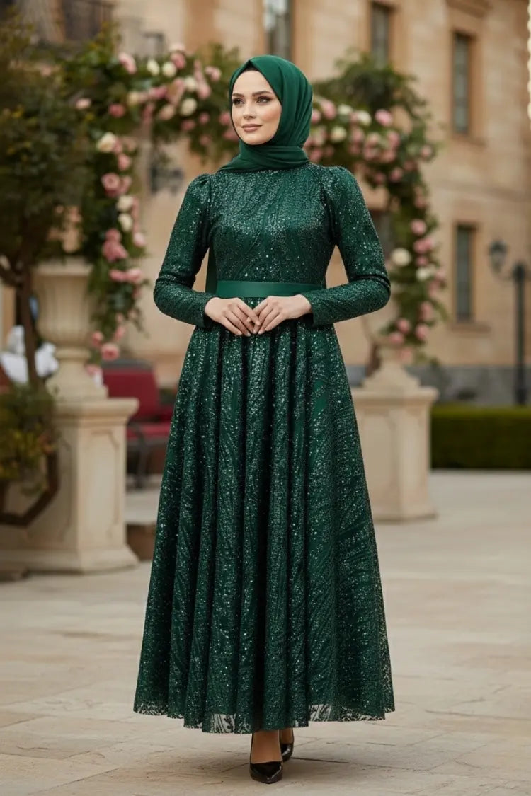 Mec Sequined Princess Model Evening Dress Emerald Green