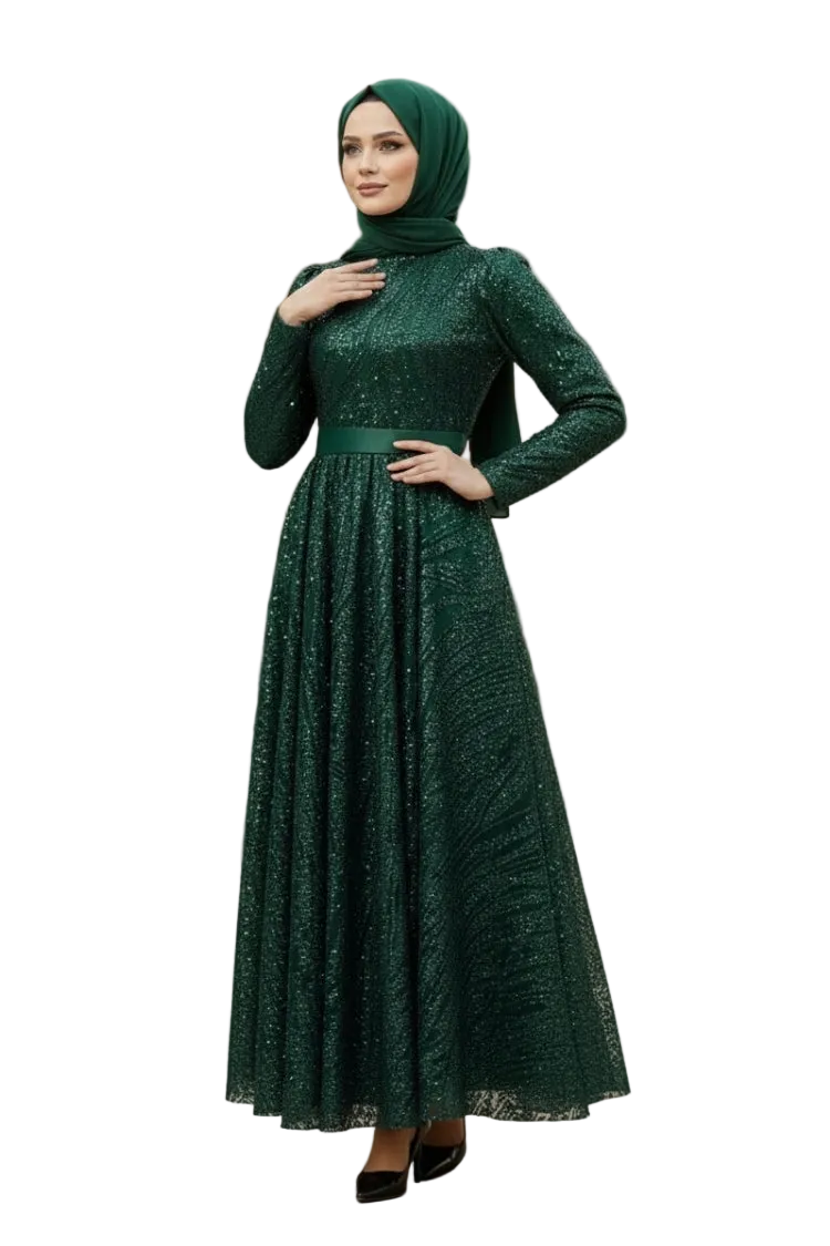 Sequined Princess Evening Dress | Emerald Green | NEOMODEST London