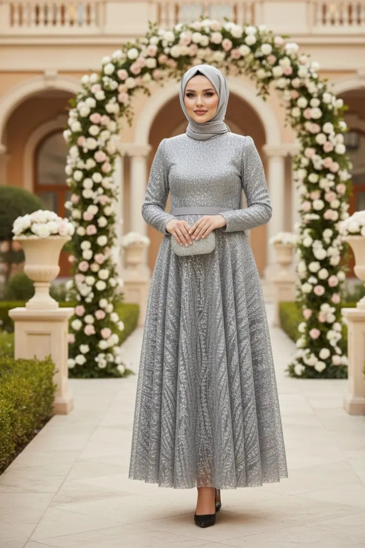 Mec Sequined Princess Model Evening Dress Grey