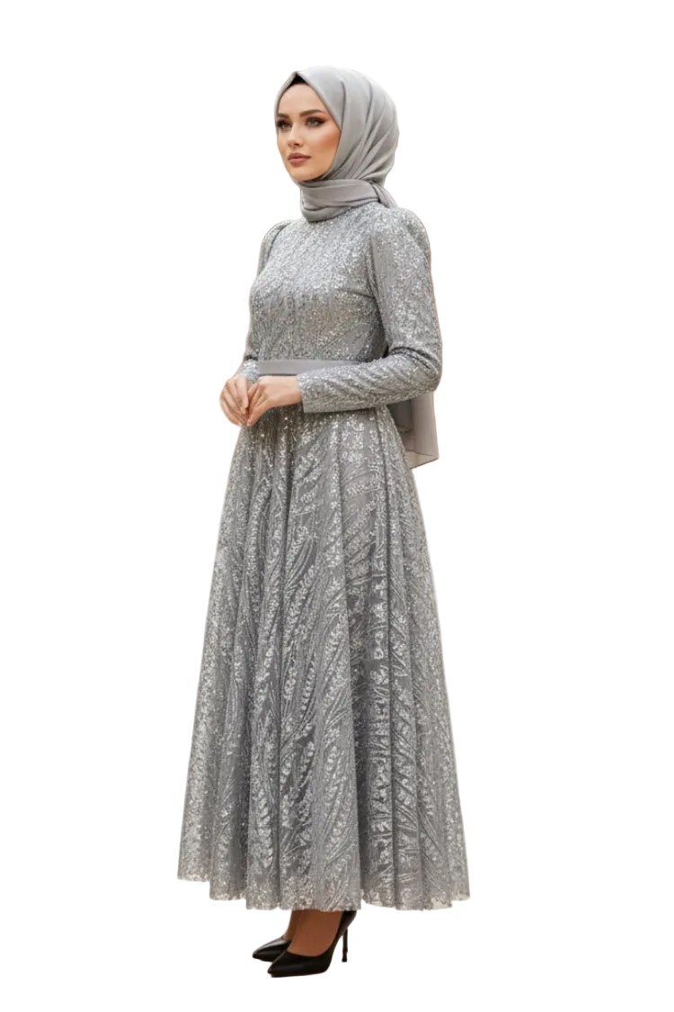 Sequined Princess Evening Dress | Grey | NEOMODEST London