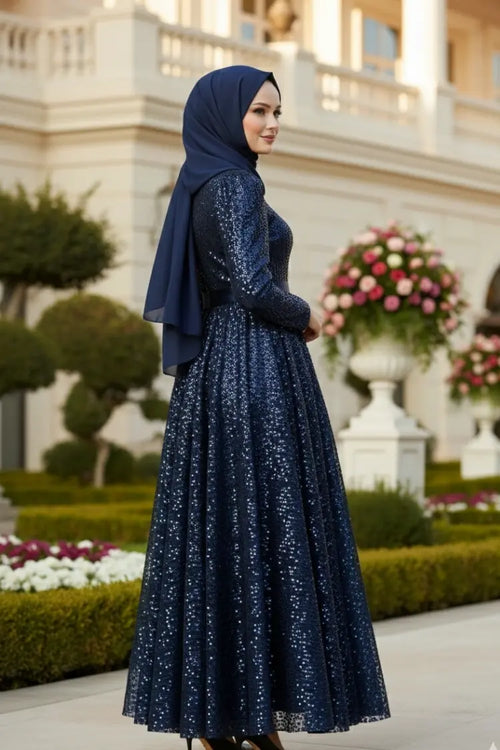 Mec Sequined Princess Model Evening Dress Navy Blue