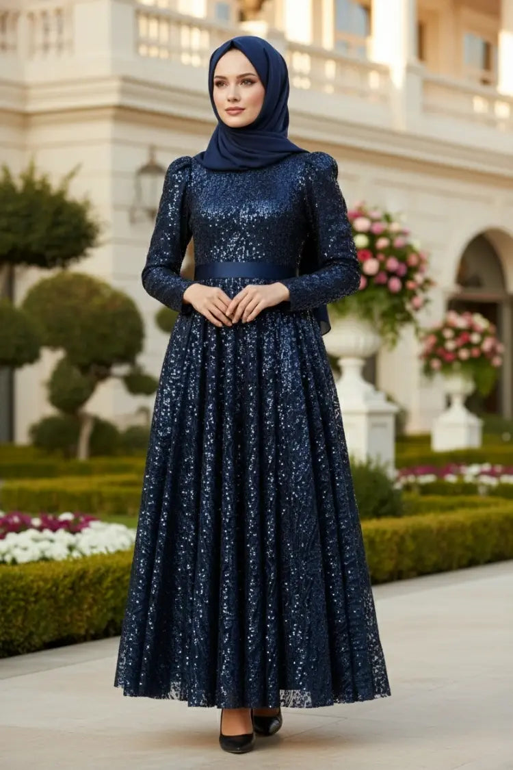 Mec Sequined Princess Model Evening Dress Navy Blue