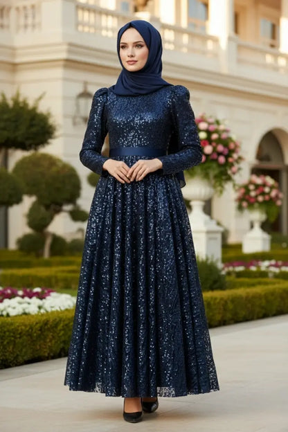 Mec Sequined Princess Model Evening Dress Navy Blue
