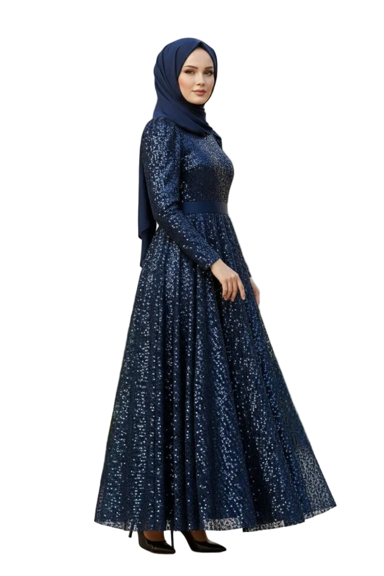 Sequined Princess Evening Dress | Navy Blue | NEOMODEST London