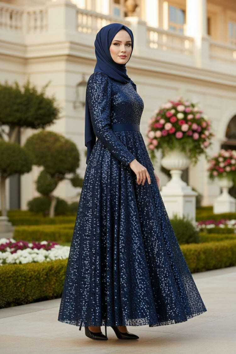 Mec Sequined Princess Model Evening Dress Navy Blue