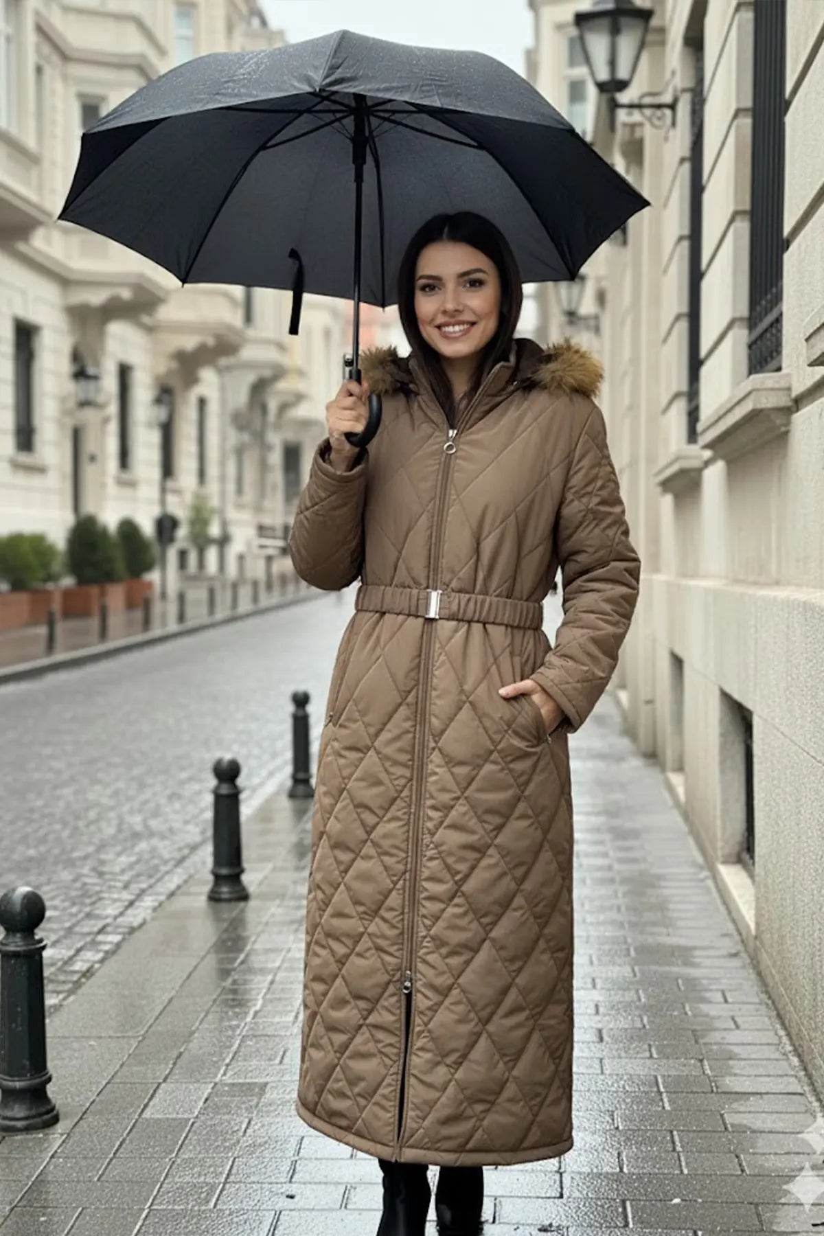 Shiny Quilted Belted Long Coat | Vison – NEOMODEST product image 2