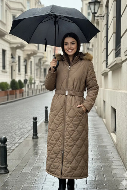 Shiny Quilted Belted Long Coat | Vison – NEOMODEST product image 2