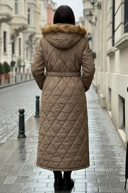 Shiny Quilted Belted Long Coat | Vison – NEOMODEST product image 3