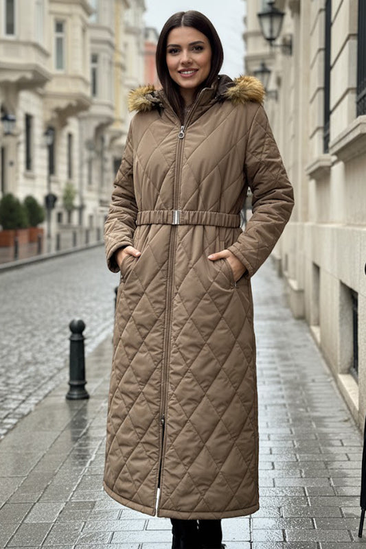 Shiny Quilted Belted Long Coat | Vison – NEOMODEST product image 1
