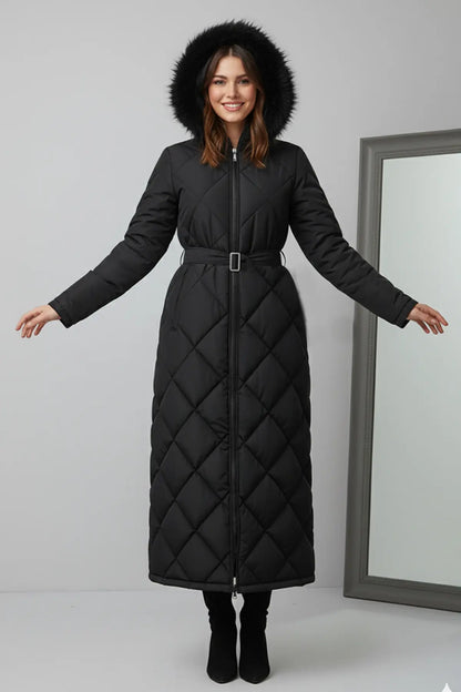 Shiny Quilted Belted Long Coat | Black – NEOMODEST product image 2