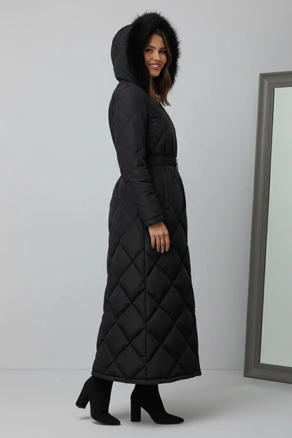 Shiny Quilted Belted Long Coat | Black – NEOMODEST product image 3