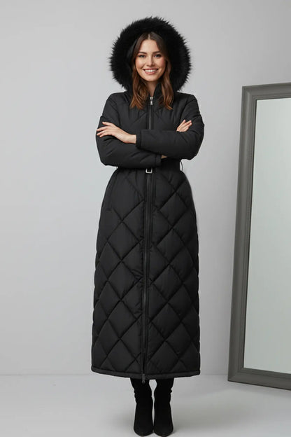 Shiny Quilted Belted Long Coat | Black – NEOMODEST product image 4