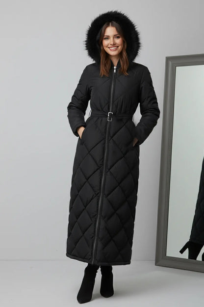 Shiny Quilted Belted Long Coat | Black – NEOMODEST product image 5