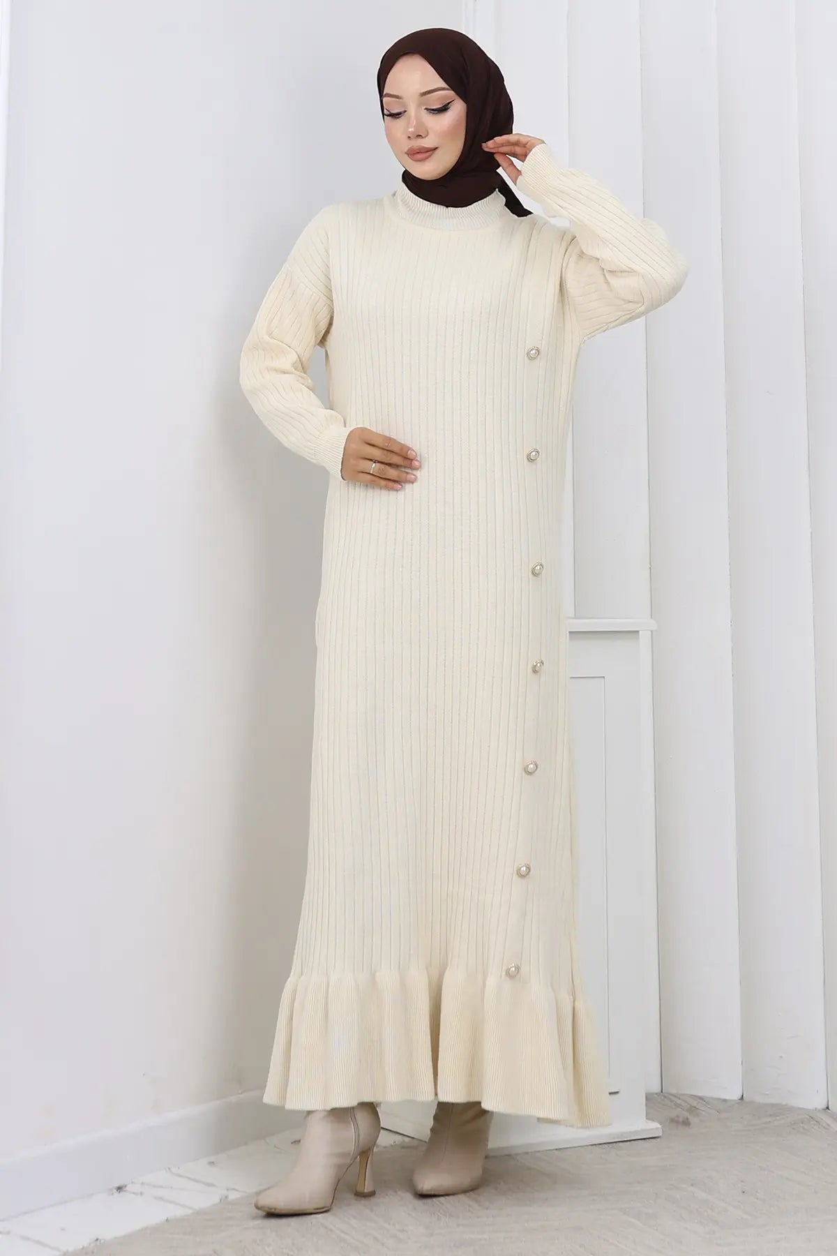 Side Button Ruffle Dress | Beige – NEOMODEST product image 2