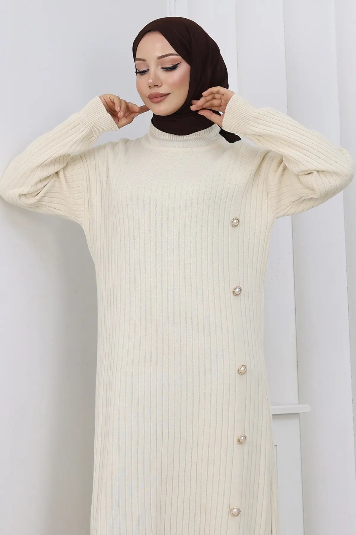 Side Button Ruffle Dress | Beige – NEOMODEST product image 3