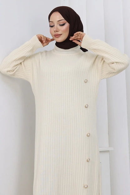 Side Button Ruffle Dress | Beige – NEOMODEST product image 3