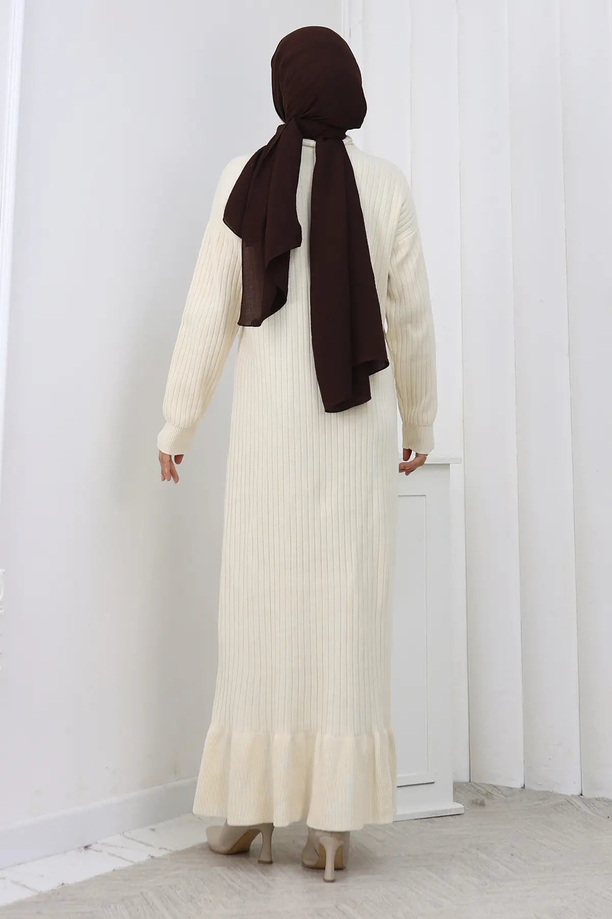 Side Button Ruffle Dress | Beige – NEOMODEST product image 5