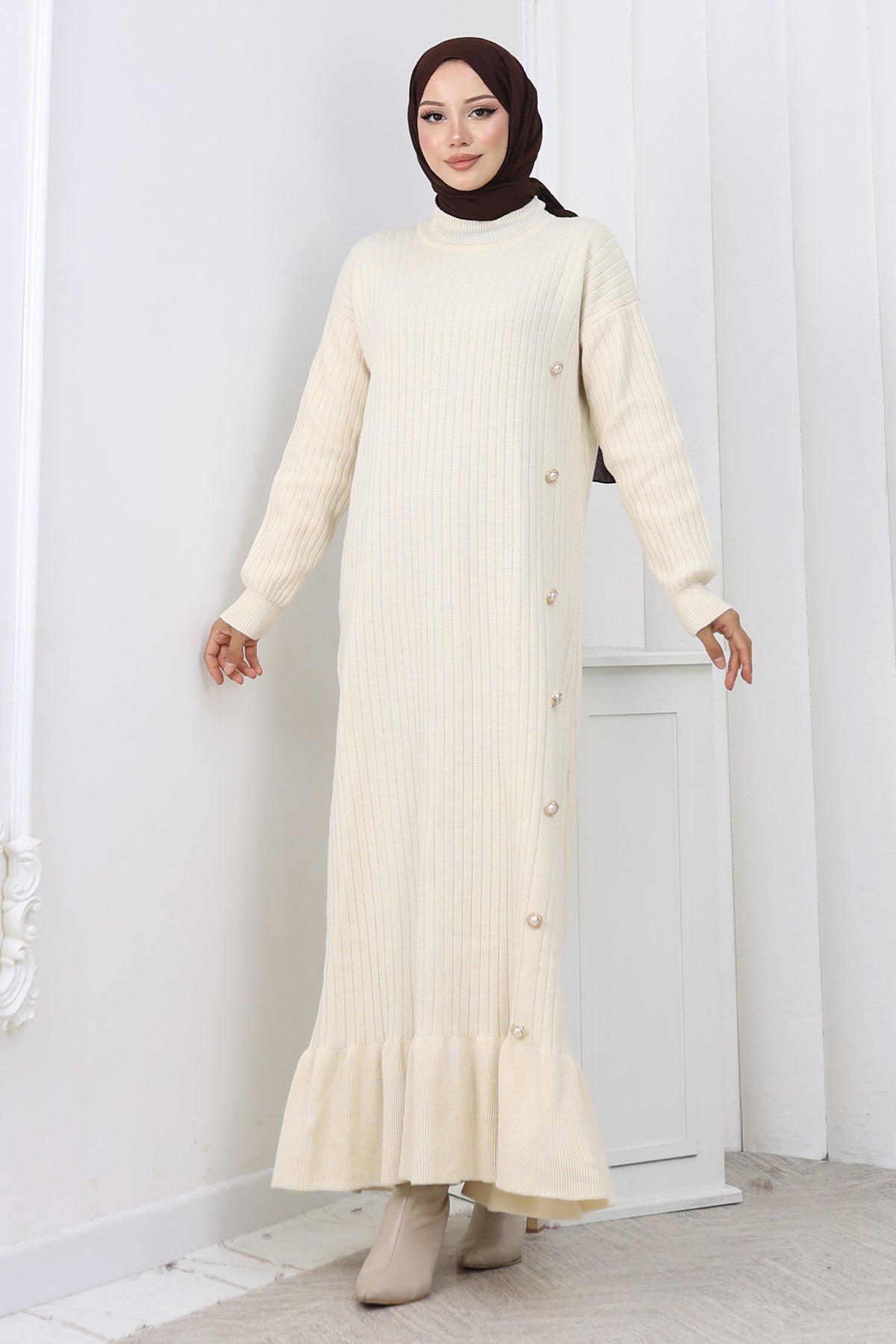 Side Button Ruffle Dress | Beige – NEOMODEST product image 1