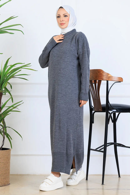 Slit Detailed Knit Dress | Grey – NEOMODEST product image 3