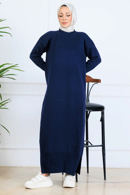 Slit Detailed Knit Dress | Navy Blue – NEOMODEST product image 2