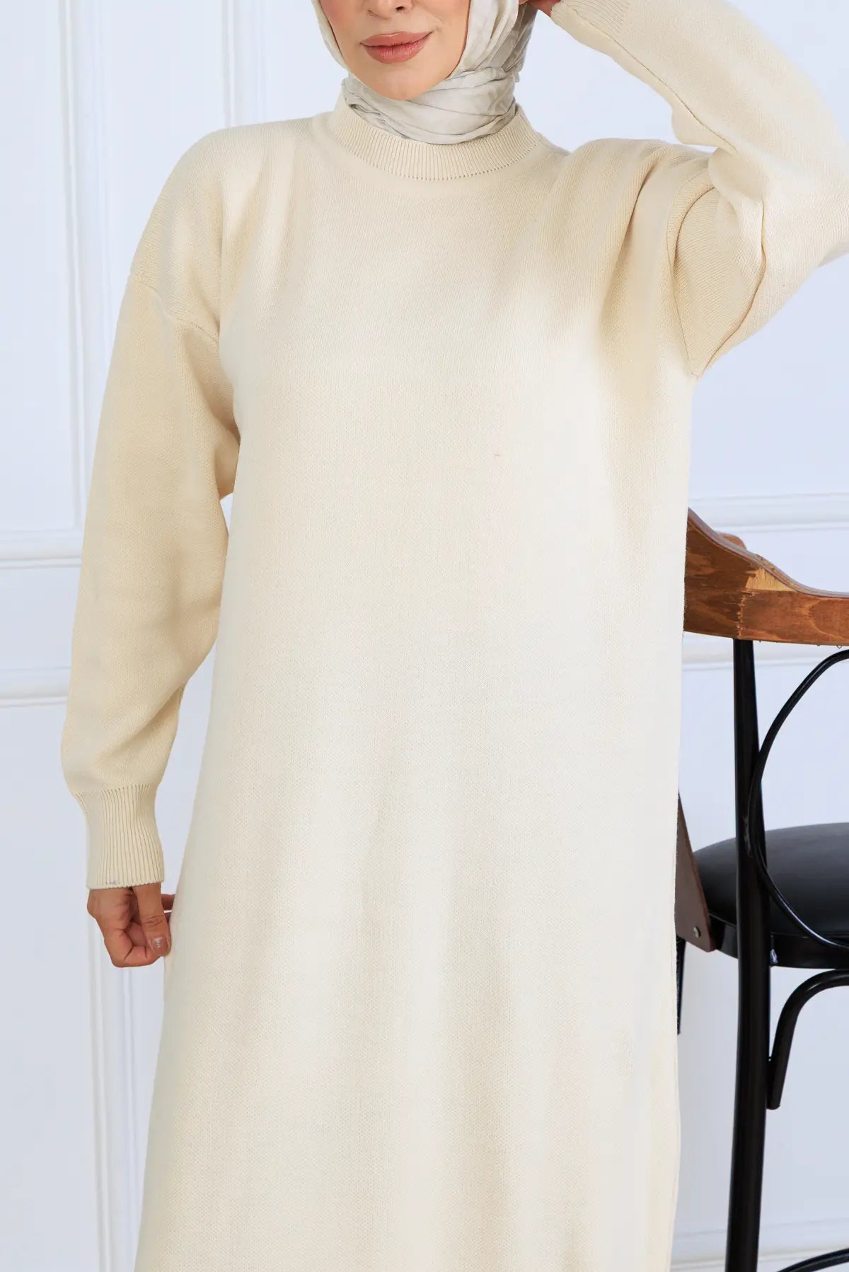 Slit Detailed Knit Dress | Beige – NEOMODEST product image 3