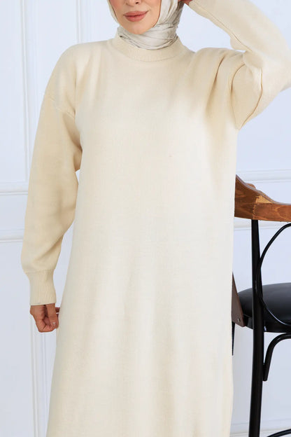 Slit Detailed Knit Dress | Beige – NEOMODEST product image 3