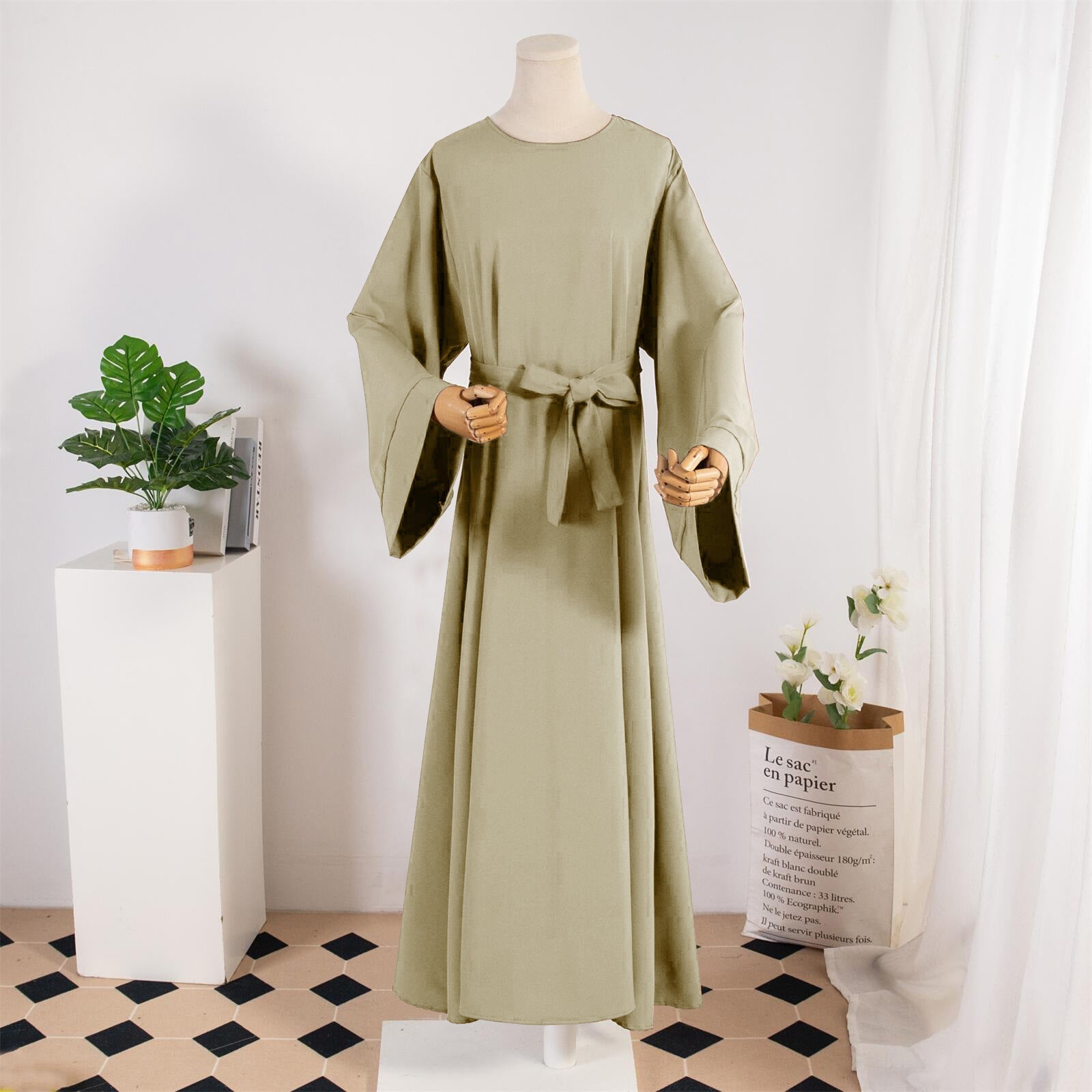 Solid Colour Casual Robe - Khaki / Free Size - Abaya