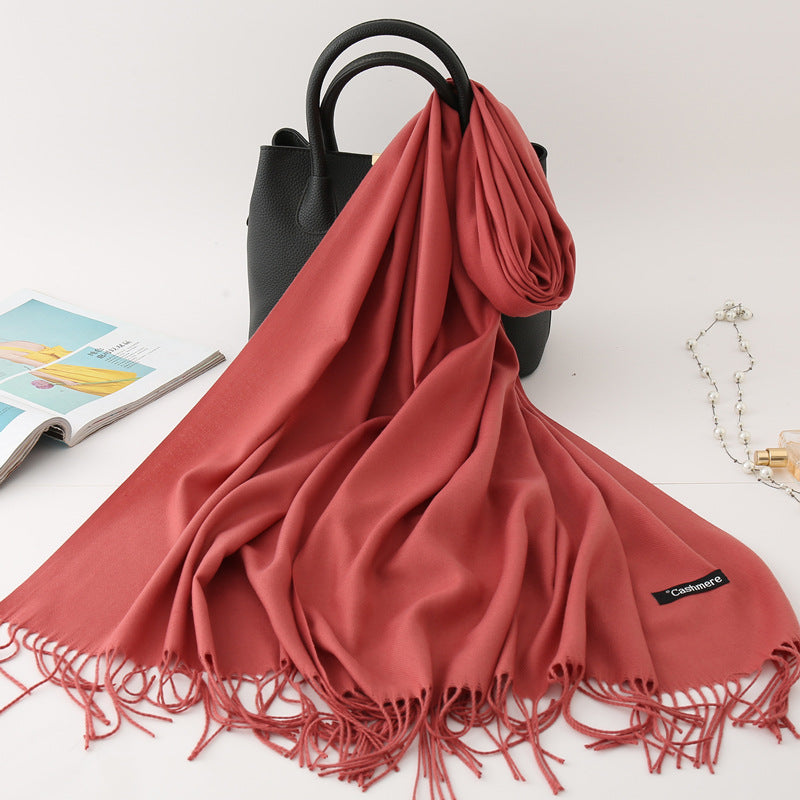 Solid color imitation cashmere scarf women’s single color fashion warm shawl tassel red scarf winter scarf 260g