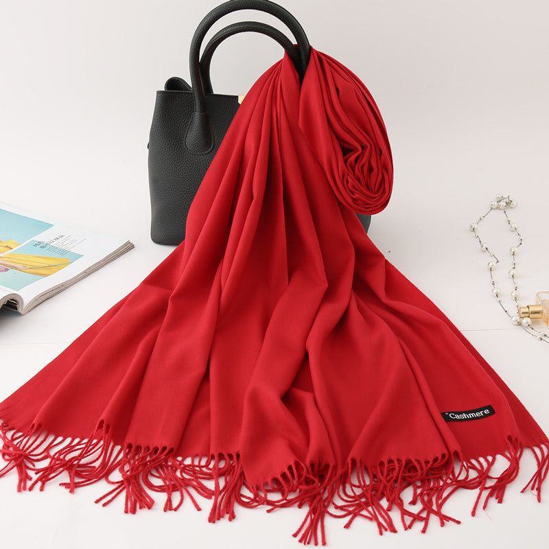 Solid color imitation cashmere scarf women’s single color fashion warm shawl tassel red scarf winter scarf 260g