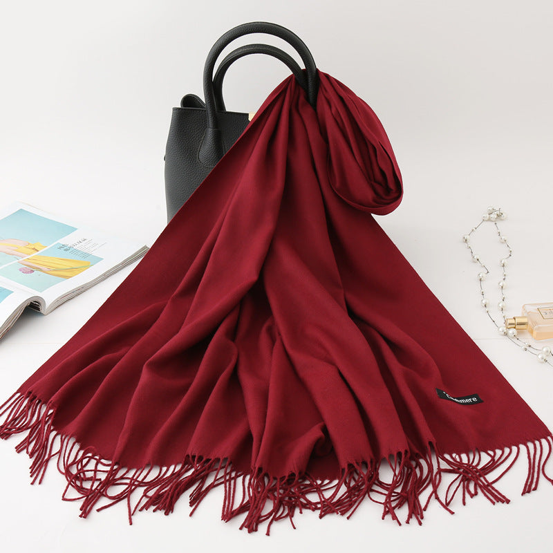 Solid Colour Imitation Cashmere Scarf Women’s Tassel Scarf - WJ18-1 Wine red / 200*70cm - Cashmere Shawl