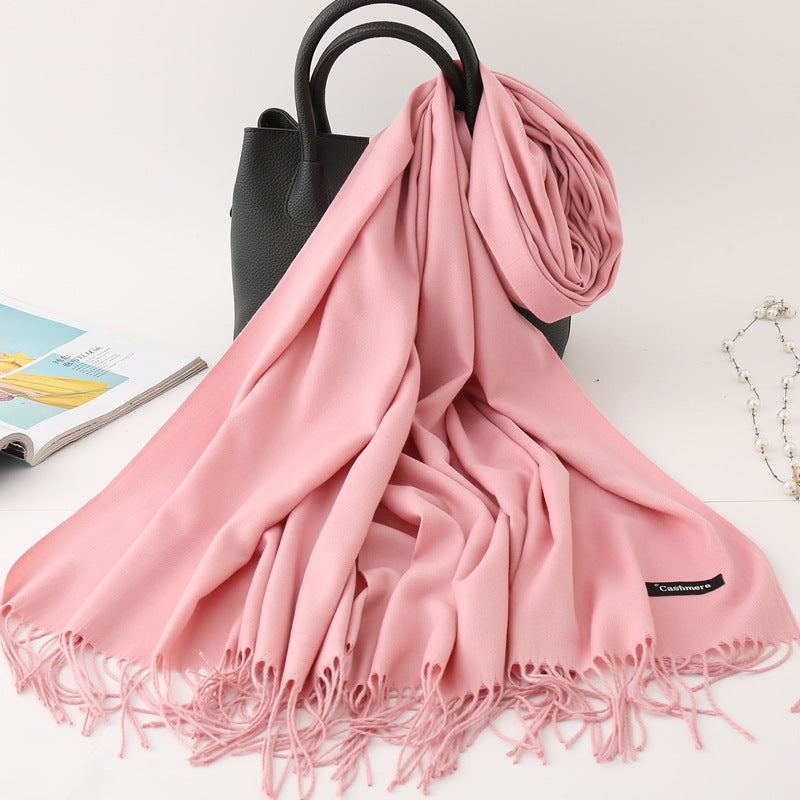 Solid Colour Imitation Cashmere Scarf Women’s Tassel Scarf - WJ18-14 dark pink / 200*70cm - Cashmere Shawl