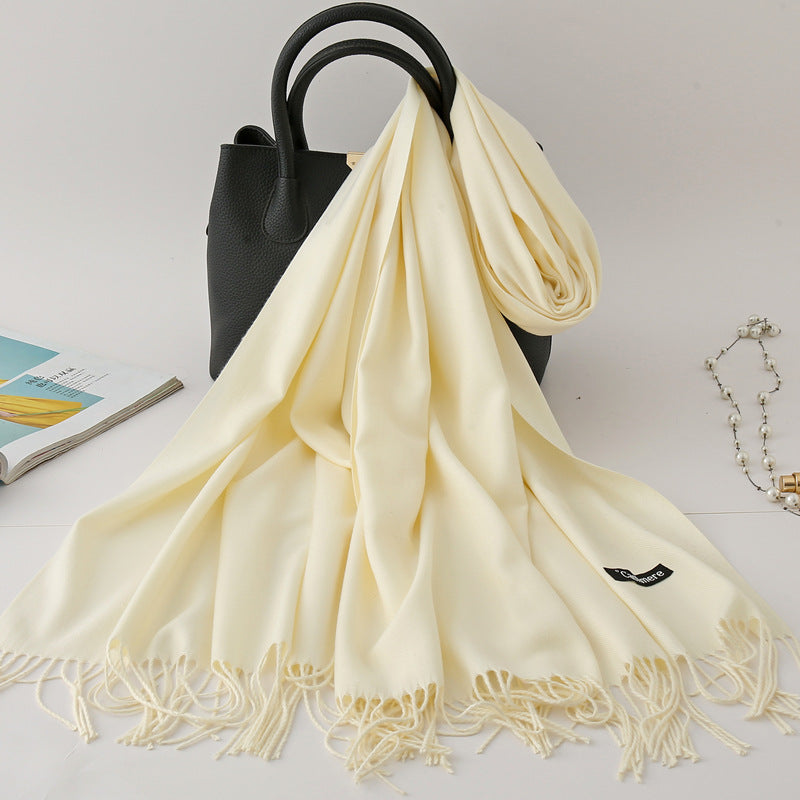 Solid Colour Imitation Cashmere Scarf Women’s Tassel Scarf - WJ18-20 Milk white / 200*70cm - Cashmere Shawl