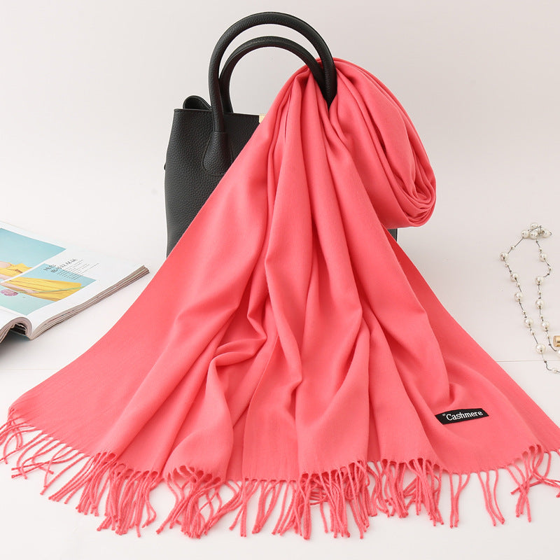 Solid Colour Imitation Cashmere Scarf Women’s Tassel Scarf - WJ18-29 Watermelon Red / 200*70cm - Cashmere Shawl