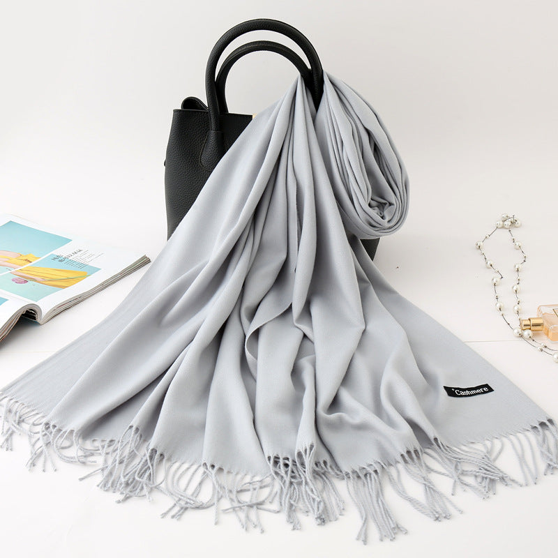 Solid Colour Imitation Cashmere Scarf Women’s Tassel Scarf - WJ18-3 Light gray / 200*70cm - Cashmere Shawl
