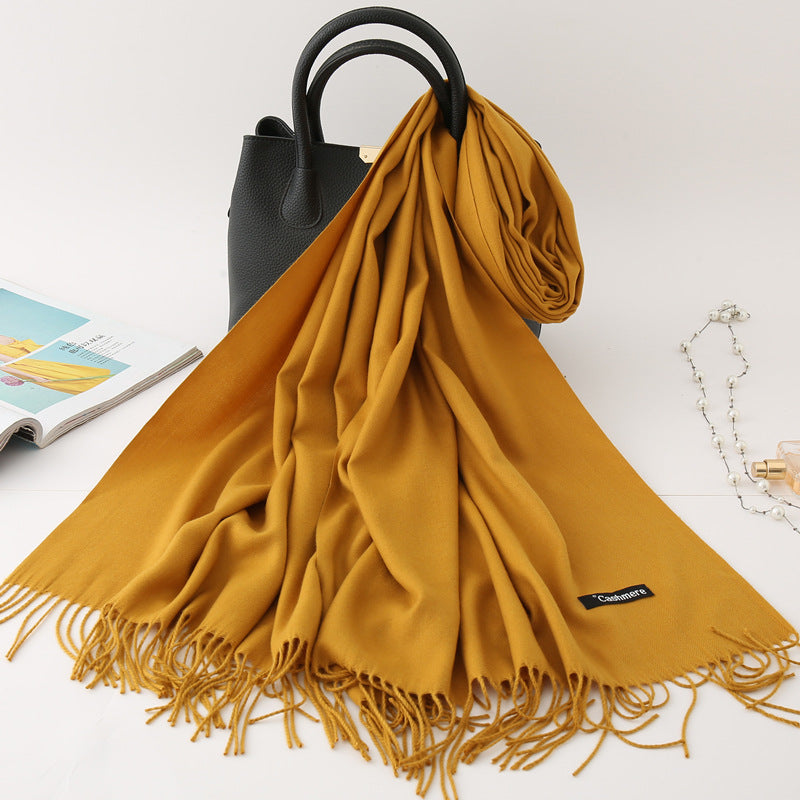 Solid Colour Imitation Cashmere Scarf Women’s Tassel Scarf - WJ18-34 Turmeric / 200*70cm - Cashmere Shawl