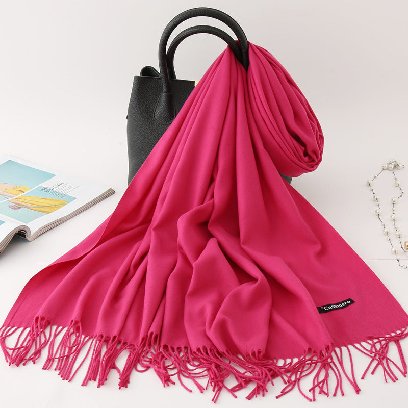 Solid Colour Imitation Cashmere Scarf Women’s Tassel Scarf - WJ18-37 Rose red / 200*70cm - Cashmere Shawl