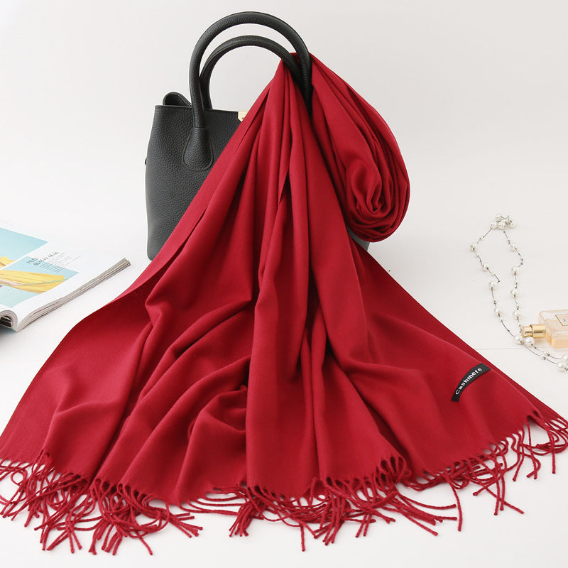 Solid Colour Imitation Cashmere Scarf Women’s Tassel Scarf - WJ18-4 Jujube red / 200*70cm - Cashmere Shawl