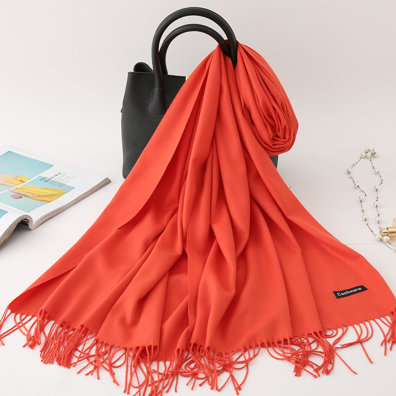 Solid Colour Imitation Cashmere Scarf Women’s Tassel Scarf - WJ18-40 Bright brick red / 200*70cm - Cashmere Shawl