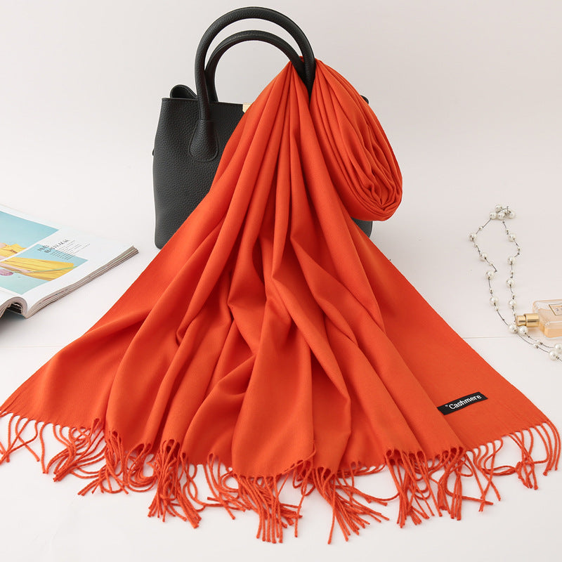 Solid Colour Imitation Cashmere Scarf Women’s Tassel Scarf - WJ18-7 Cinnabar Orange / 200*70cm - Cashmere Shawl