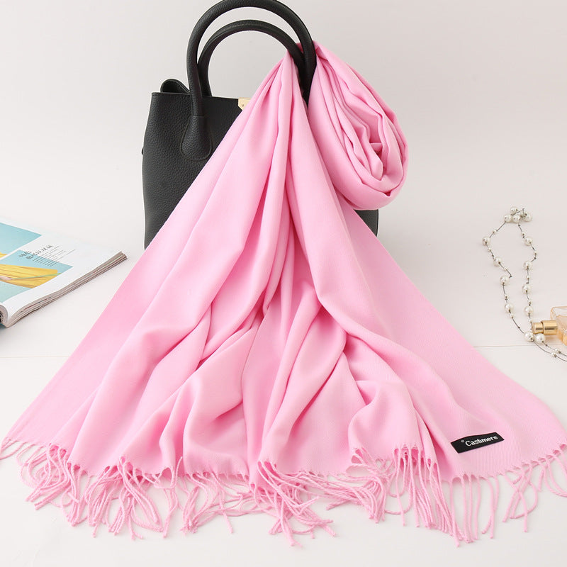 Solid Colour Imitation Cashmere Scarf Women’s Tassel Scarf - WJ18-9 Pink / 200*70cm - Cashmere Shawl