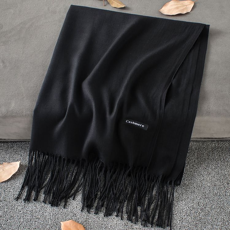 Solid Colour Premium Tassel Scarf - Black / 200x70CM - Cashmere Shawl