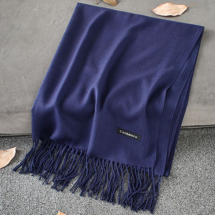 Solid Colour Premium Tassel Scarf - Navy Blue / 200x70CM - Cashmere Shawl