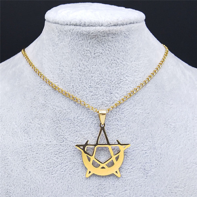 Stainless Steel Gothic Moon And Pentagram Pendant Necklace - Gold