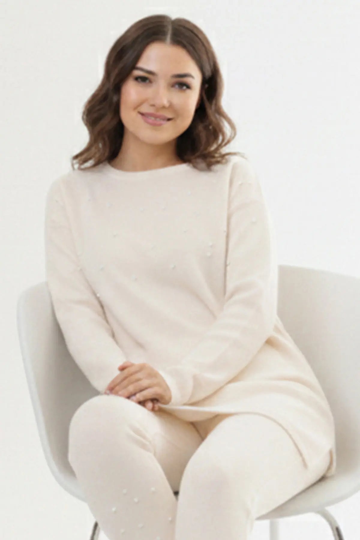 Stone Detail Knitted Tunic | Ecru – NEOMODEST product image 2