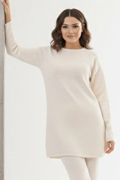 Stone Detail Knitted Tunic | Ecru – NEOMODEST product image 4