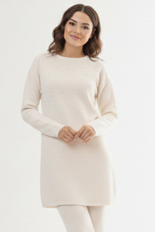 Stone Detail Knitted Tunic | Ecru – NEOMODEST product image 1