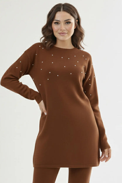 Stone Detail Knitted Tunic | Brown – NEOMODEST product image 2