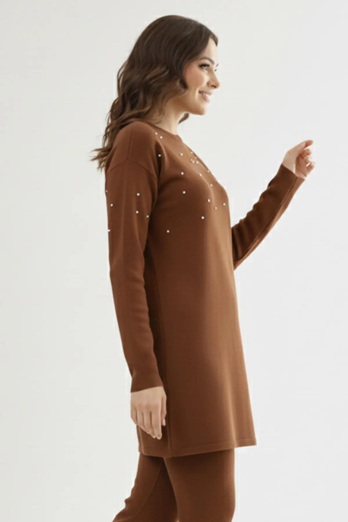 Stone Detail Knitted Tunic | Brown – NEOMODEST product image 3