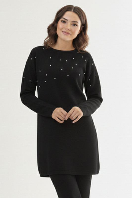 Stone Detail Knitted Tunic | Black – NEOMODEST product image 1