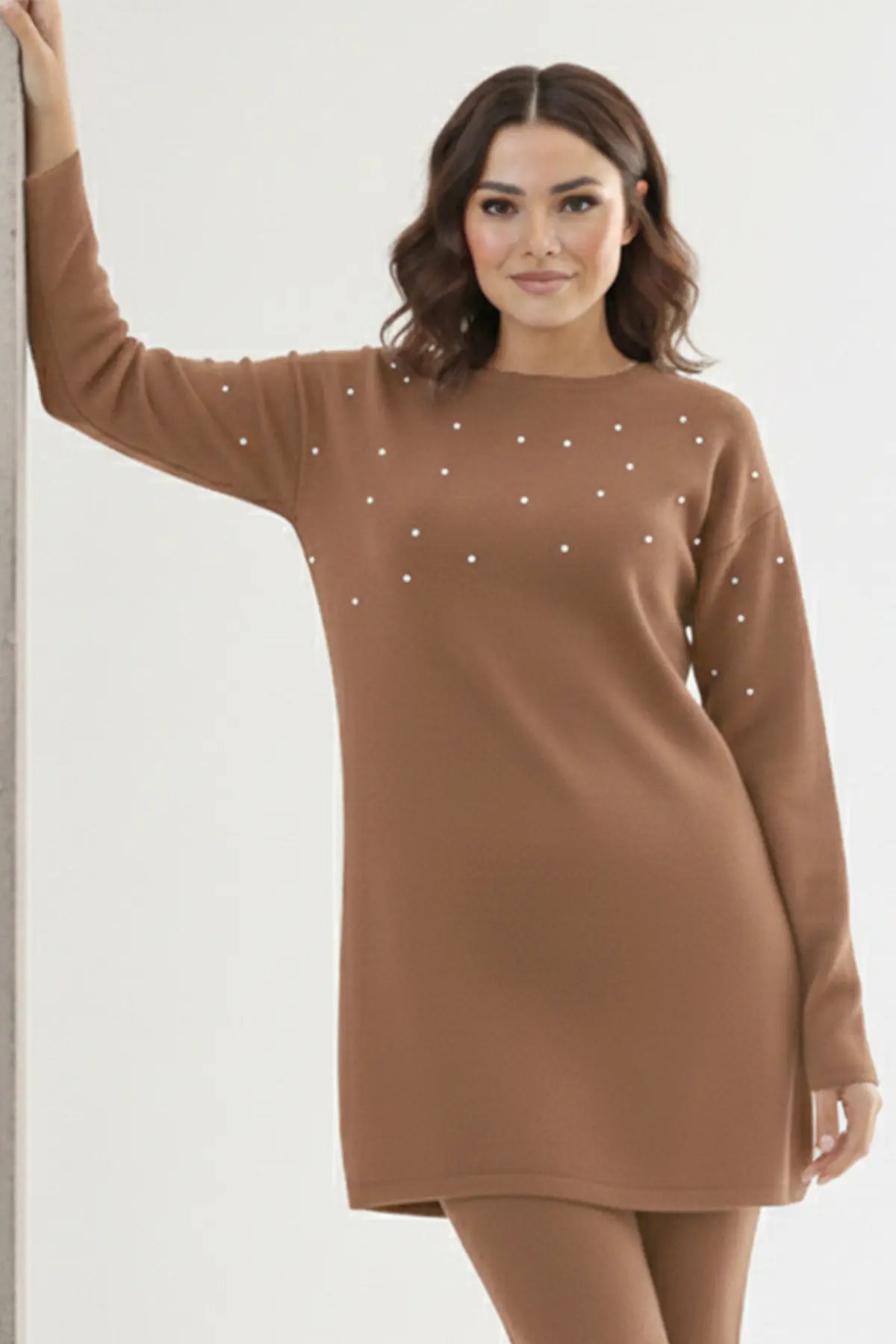 Stone Detail Knitted Tunic | Vison – NEOMODEST product image 3